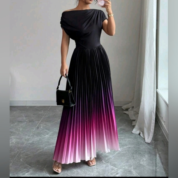 Elegant Gradient Print Batwing Sleeve Ruched Waist Women Long Dress - Picture 1 of 5